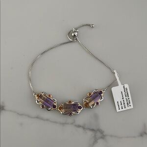 Purple and Silver Adjustable Chain Bracelet with Faceted Stones
